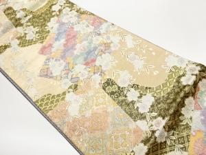 九百佐賀錦色紙に古典柄・桜模様織出し袋帯